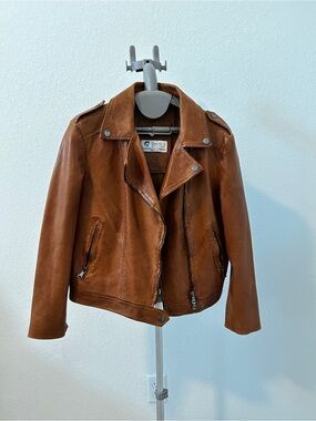 Cognac Leather Moto Jacket - Women